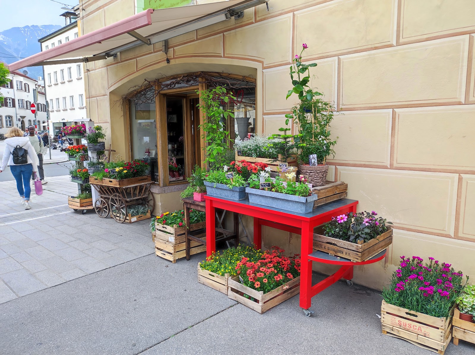Schaufenster von Puro Kreative Floristik mit Blumenwagen in der Innsbrucker Altstadt